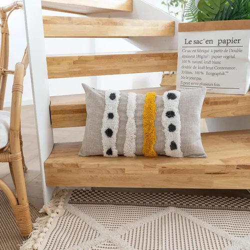 Vista 5 de Funda de cojín lumbar bohemia copetuda con rayas tejidas a mano, funda de cojín decorativa simple de lino y algodón para sofá (1 unidad