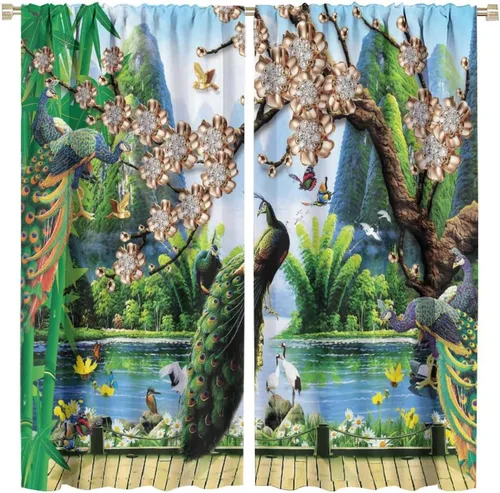 Vista 37 de Cortinas opacas de pavo real, hermoso patrón de estampado de flores de pavo real azul, estampado de mariposas y pavo real, juego de 2 paneles