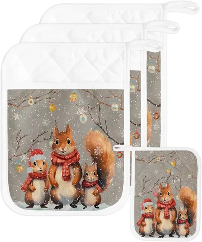 Xmas 3Pcs Pot Holders for Kitchen,Non Slip & Heat Insulation Terry Cloth Potholder Set with Pocket,Thick Hot Pad Oven Mitts Trivet Coaster for