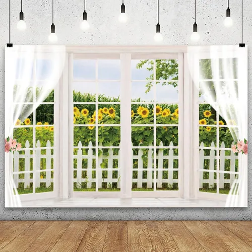 YongFoto Telón de fondo de ventana de primavera de 5 x 3 pies, girasol amarillo, valla de madera rústica, campo, jardín, naturaleza, paisaje, niña,