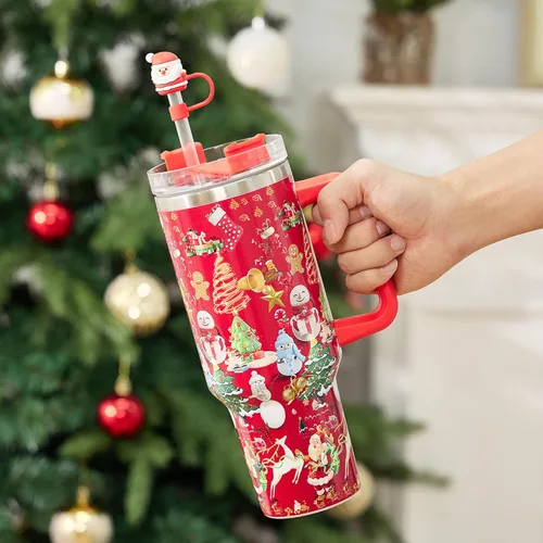 Vista 7 de 6 piezas de cubiertas de pajita con tapa para vaso Stanley de Navidad, tapa superior de pajita de silicona para vaso Stanley de 30 y 40 oz con asa