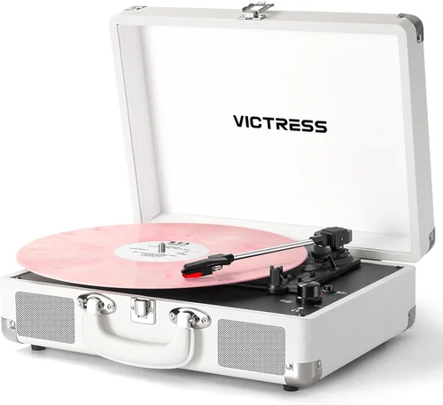 Vista 15 de Tocadiscos de maleta portátil Bluetooth con altavoces estéreo, tocadiscos de 3 velocidades, grabación USB a digital, conector RCA/AUX