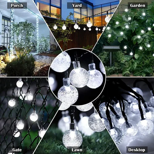 Vista 7 de Tira de luces solares para exteriores, 50 luces LED de 23 pies de globo de cristal con 8 modos de iluminación, luces solares impermeables