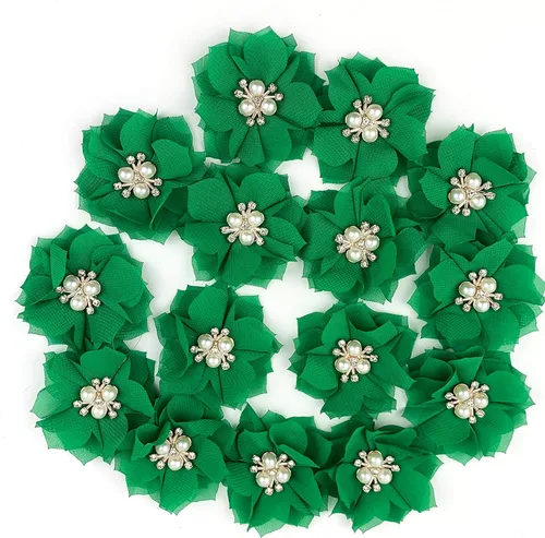 Vista 5 de Heyiwell 15 lazos de flores de tela de gasa, cuentas de diamantes de imitación, centro de racimo para bricolaje, clip para el cabello, apliques