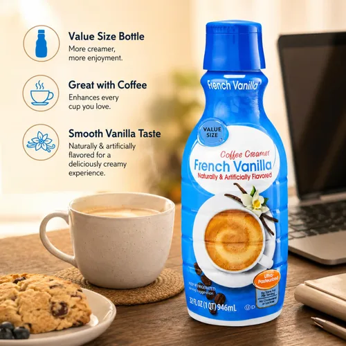 Vista 5 de Crema de café de vainilla francesa, botella de 32 onzas líquidas, crema líquida dulce y cremosa para café con cucharas de pala de café D.A.