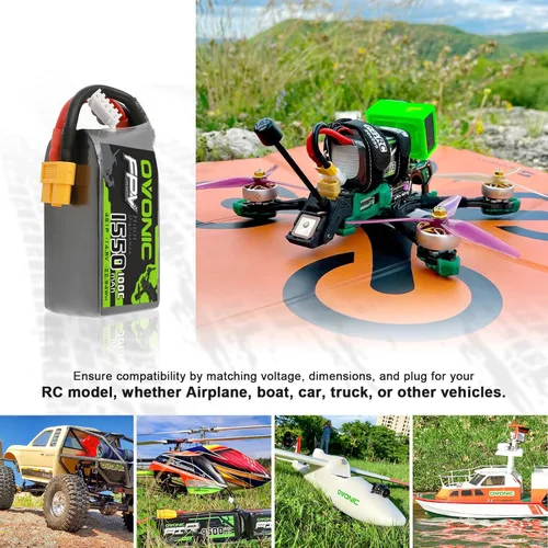 Vista 5 de OVONIC Batería Lipo 4s 100C 1550mAh 14.8V con Conector XT60 para RC FPV Racing Drone Quadcopter