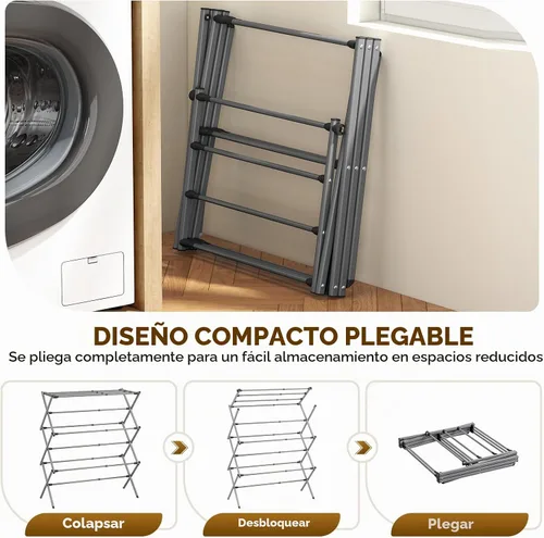 Vista 6 de KINGBOARD Tendedero de secado de ropa plegable con 11 postes, estante de secado de lavandería de 3 niveles, estante de secado de ropa pequeño