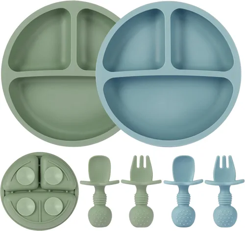 Eascrozn Paquete de 2 platos para bebé con succión, juego de 2 tenedores y cucharas de silicona, suministros de destete dirigido por el bebé, sin