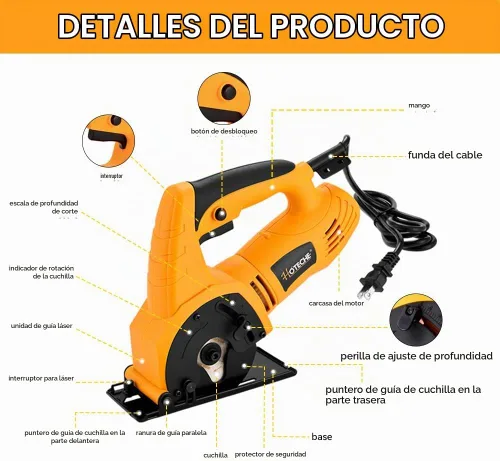 Vista 3 de Hoteche Mini sierra circular de 3-3/8 pulgadas, sierra circular eléctrica compacta de 500 W con 2 cuchillas para madera, azulejos y metal blando