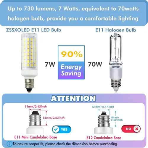 Vista 4 de Bombilla LED E11 7W regulable Mini Candelabro Base 75W Halógeno Equivalente, T3/T4 JD Bombilla LED Maíz para Candelabros de Interior Gabinete Blanco