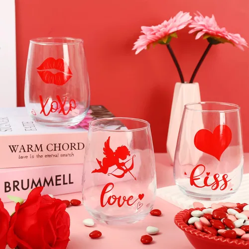 Vista 4 de Whaline 3 copas de vino sin tallo para el día de San Valentín, 17 onzas, regalo de fiesta de San Valentín para amigos, romántico, corazón rojo