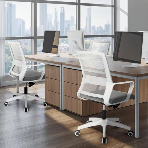 Vista 17 de NEO CHAIR Silla de oficina para videojuegos, silla de computadora ergonómica de malla con respaldo medio con ruedas, soporte lumbar, cómoda, Rosa