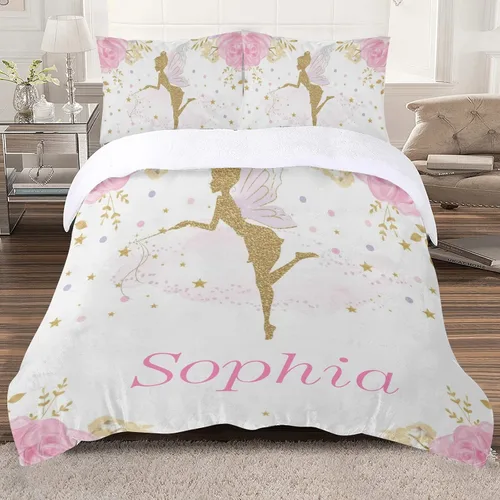 Vista 2 de Juego de funda de edredón de 3 piezas con diseño floral y diseño de hada rosa, tamaño individual, con nombre