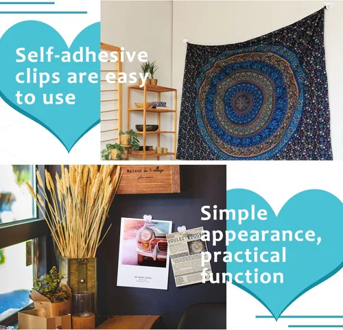 Vista 4 de 20 clips para colgar tapices en forma de corazón, clips de plástico autoadhesivos, clip de papel transparente, clip de pared, clips de fotos, clips