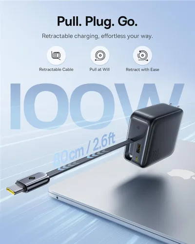 Vista 3 de Baseus Enercore - Cargador USB C de 100 W con cable incorporado retráctil, enchufe plegable de 3 puertos PD adaptador de pared de carga rápida