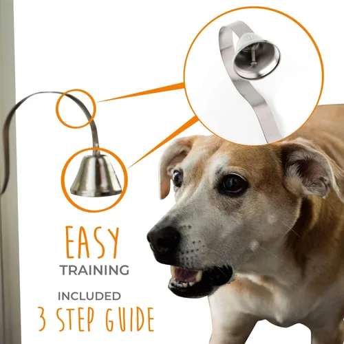 Vista 4 de Mighty Paw Timbre de metal para perro, campana duradera, sonido optimizado, incluye consejos de entrenamiento para timbre de perro, campana plateada