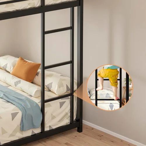 Vista 4 de INCLAKE Litera de tamaño matrimonial sobre matrimonial, base de cama de metal resistente con escalera integrada y riel de protección de seguridad