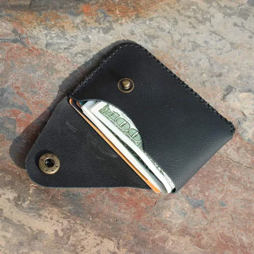 Vista 6 de Cartera organizadora de tarjetas de bolsillo frontal cosida a mano minimalista de cuero genuino para tarjetas, billetera con tarjetero pequeño, Negro