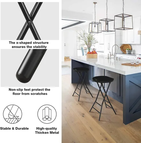Vista 4 de 5Rcom Taburete plegable, paquete de 2 taburetes de bar plegables de 24 pulgadas de alto con asa, taburete plegable de metal y plástico para adultos