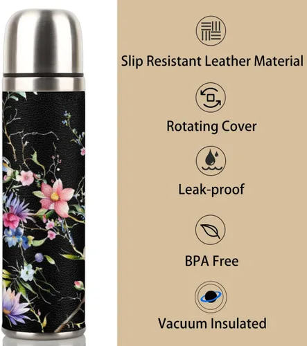 Vista 5 de Termo de café de flores, botella de agua térmica con tapa a prueba de fugas, termo para bebidas calientes, sin BPA, botella de acero inoxidable