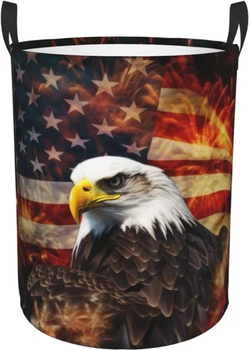 American Flag Fire Eagle print Circular Hamper Waterproof Storage Bin Organizer Basket Laundry Hamper With Handles For Clothes Toys Small