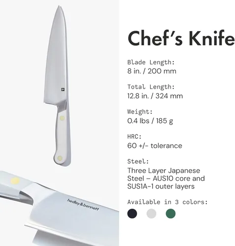 Vista 3 de hedley & bennett Cuchillo de chef Cuchillo de cocina japonés de 8 pulgadas Acero inoxidable de tres capas, borde afilado liso, regalo de cocina