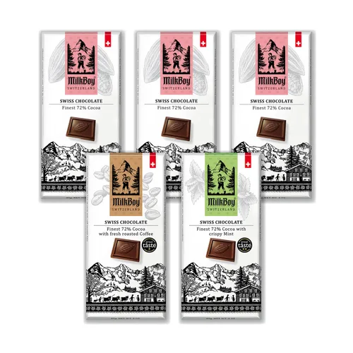 Milkboy Swiss Chocolates 72% Dark Chocolates Variety Pack - Chocolate Bars - Crafted in Switzerland - All Natural, Sustainably Farmed Cocoa - Gluten