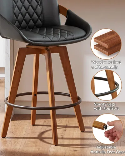 Vista 4 de AQG Counter Height Bar Stools, Mid Century Modern Bar Chairs Swivel with Back, Faux Leather Upholstered Barstools Walnut Wood Frame for Kitchen