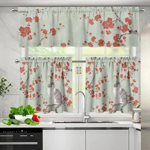 Vista 3 de Upgrad - Juego de cortinas de cocina con diseño de flor de cerezo para ventanas, 3 piezas, cortinas y cenefas para gatos, cortinas pequeñas