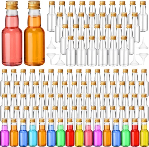 Vista 8 de 120 piezas de mini botellas de licor herméticas, botellas de plástico vacías en miniatura con embudo para tragos de alcohol, ideales para regalos