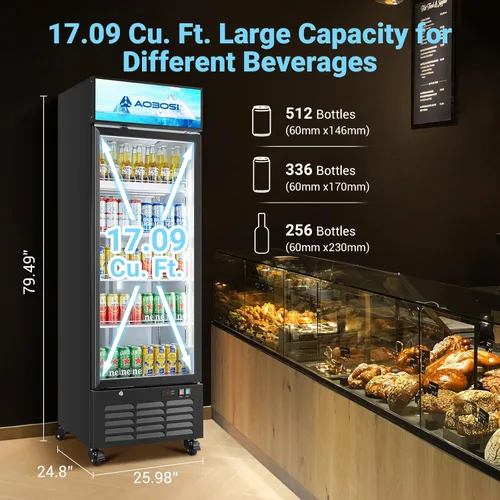 Vista 2 de AAOBOSI Refrigerador comercial comercial, refrigerador de pantalla de puerta de vidrio de 17.1 pies cúbicos, refrigerador vertical para bebidas
