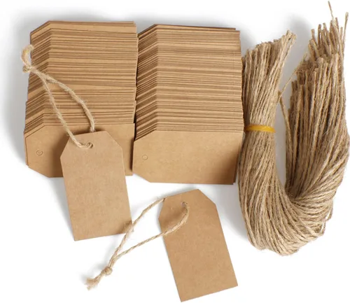 Etiquetas de regalo de papel kraft, 200 etiquetas colgantes para manualidades con 200 cordeles de yute natural para bricolaje, boda, regalo de Marrón