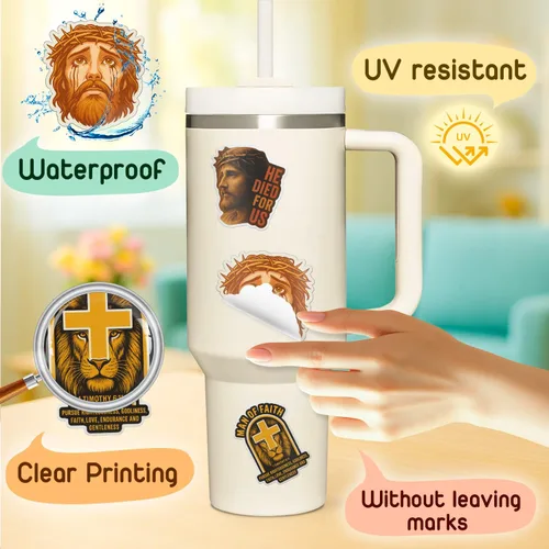 Vista 42 de (4 piezas) Calcomanías cristianas – Calcomanías de vinilo impermeables con versículo de la Biblia para laptop, botella de agua, automóvil
