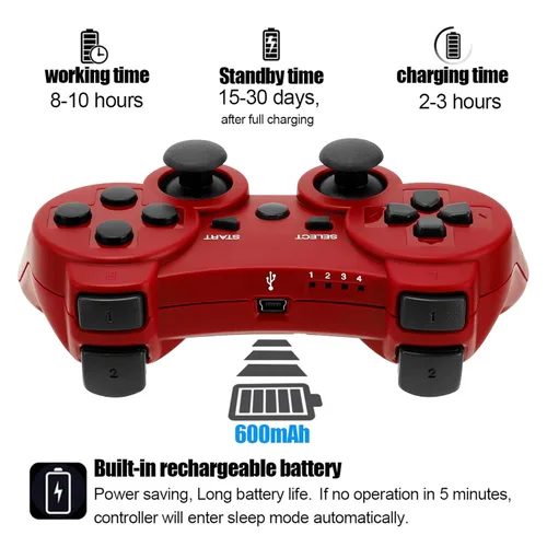 Vista 3 de PS3 Controller Six-Axis Dual Vibration Wireless Gamepad for Play-Station 3 Controller with Charging Cords 2 Pack Black + Red
