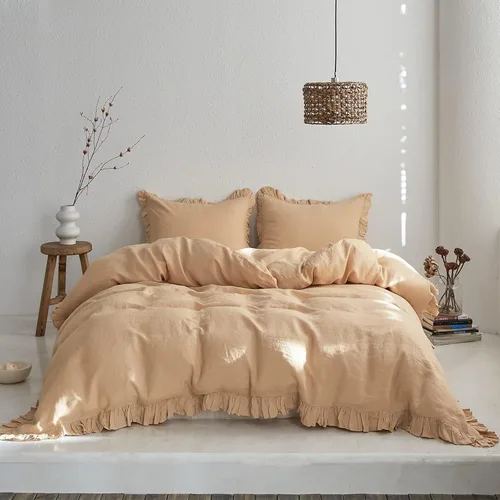 Vista 37 de Simple&Opulence Juego de funda de edredón de 100 % lino, lino francés natural, color rosa rubor con volantes, tamaño individual, funda de edredón