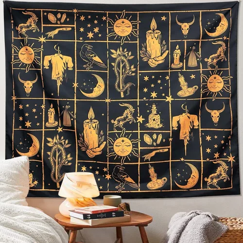 Vista 2 de ARTCREATOR Tapiz de bruja negra y dorada, decoración de pared de bruja, decoración estética para colgar en la pared para sala de estar y dormitorio
