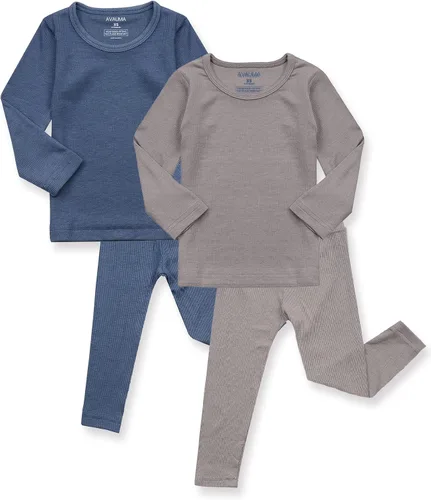 Vista 11 de AVAUMA Conjunto de pijama para bebés, niños y niñas, ajuste ceñido, con nervaduras, ropa de dormir para el estilo de vida diario Negro/Azul