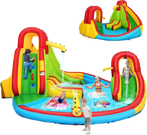 Vista 11 de HONEY JOY Tobogán acuático inflable, parque acuático inflable 7 en 1 con dos toboganes, pared de escalada y piscina de salpicaduras, manguera