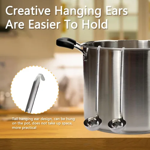 Vista 4 de Cucharas de servir de acero inoxidable: cuchara de mango largo resistente, cucharas grandes de 10 onzas con orejas colgantes, suministros de cocina