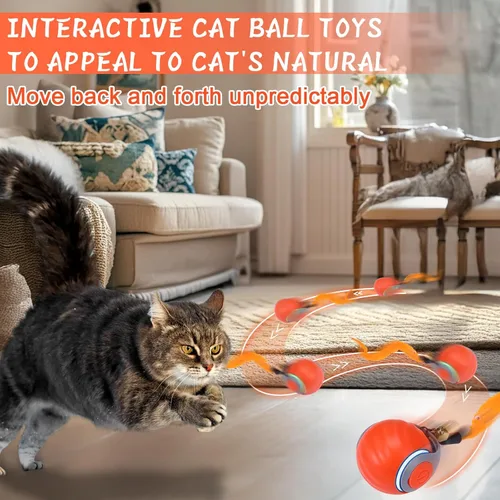 Vista 2 de BABORUI Pelota de juguete interactiva para gatos, juguetes interactivos automáticos para gatos de interior con 3 colas, 2 velocidades, juguetes