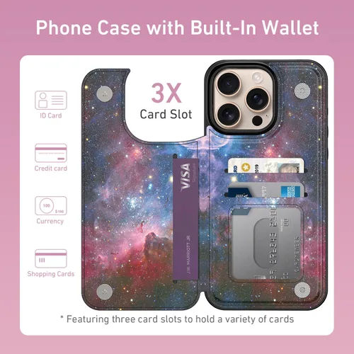 Vista 1291 de LETO para iPhone 15 Pro Funda tipo cartera - Tapa tipo folio con patada - Diseños de moda - Tarjetero - Funda protectora para mujeres y niñas - 6.1