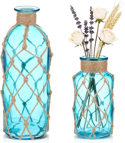Vista 12 de Chuangdi TSITP - Juego de 2 jarrones de cristal costeros para flores, florero con cuerda bohemia, frasco pequeño de cristal de mar, botella de playa