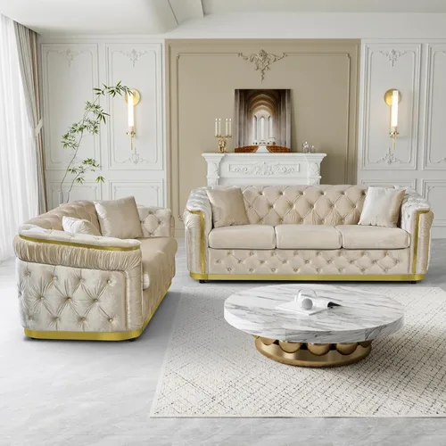 Vista 7 de DAMAIFROM Juego de sofá de terciopelo de lujo beige y dorado, moderno de mediados de siglo, sofás Chesterfield copetudos y patas doradas, juego de 2