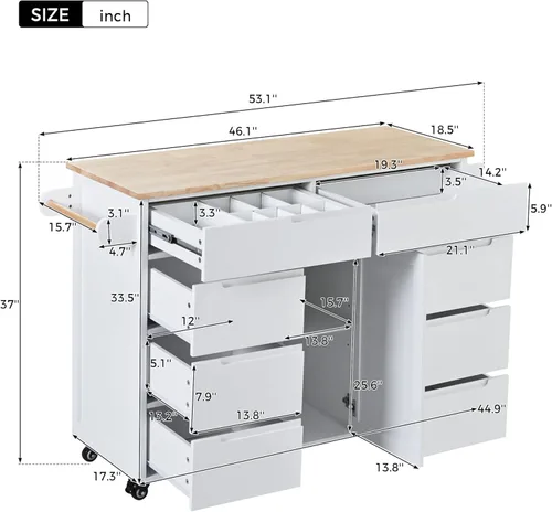 Vista 39 de LUMISOL Carrito de isla de cocina con ruedas de bloqueo con 2 cajones y 4 gabinetes, isla de cocina rodante con estantes ajustables, mesa de madera