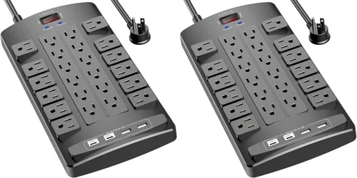 Vista 10 de QINLIANF Protector contra sobretensiones Regleta de enchufes - Cable de extensión de servicio pesado con enchufe plano de 6 pies con 24