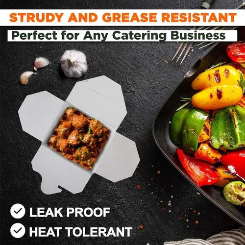 Vista 5 de Fit Meal Prep Cajas chinas para llevar de 8 onzas – 3 recipientes de alimentos de cartón blanco liso de 2.5 pulgadas, resistentes a fugas y grasa