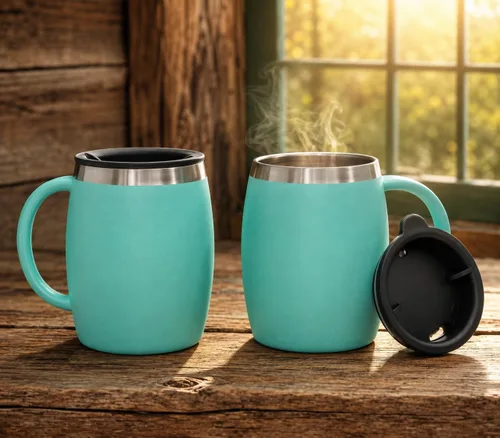 Vista 7 de Juego de 2 tazas de café aisladas de acero inoxidable (14 onzas) de doble pared con tapa y asa resistentes a derrames, tazas inastillables para Azul