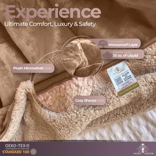 Vista 5 de Sacred Weapon - Manta impermeable para cama – Mini manta Sherpa y forro polar – Manta impermeable para sofá y protector de colchón, absorbente, Beige