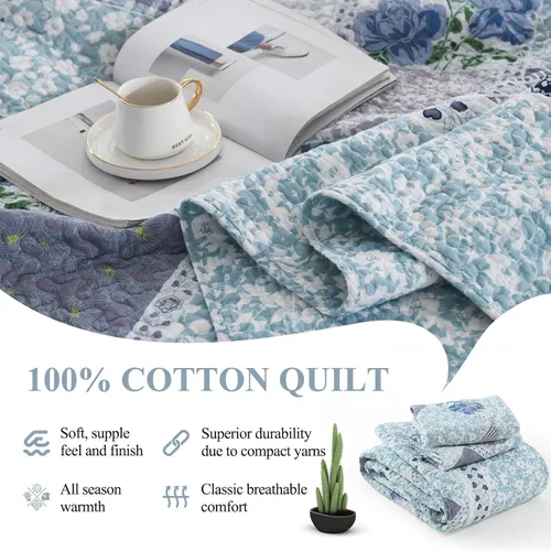 Vista 4 de DDUOXIN Colcha floral de granja tamaño King, edredón reversible de retazos 100% algodón con 2 fundas de almohada, juego de colcha ligera a cuadros