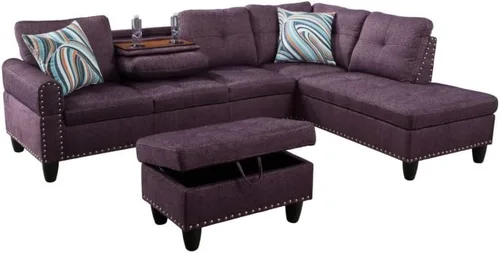 Vista 9 de Sofá de piel sintética de 3 piezas en forma de L con otomana, juego de sofá seccional para sala de estar, oficina, apartamento, con soporte